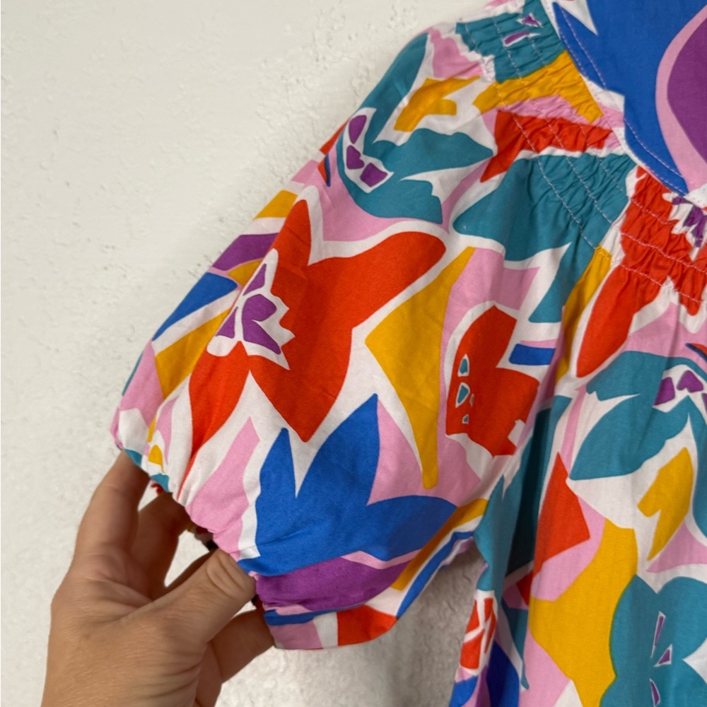 NWT Fate colorful tropical print smocked detail blouse tropical vacation beach - Picture 3 of 8